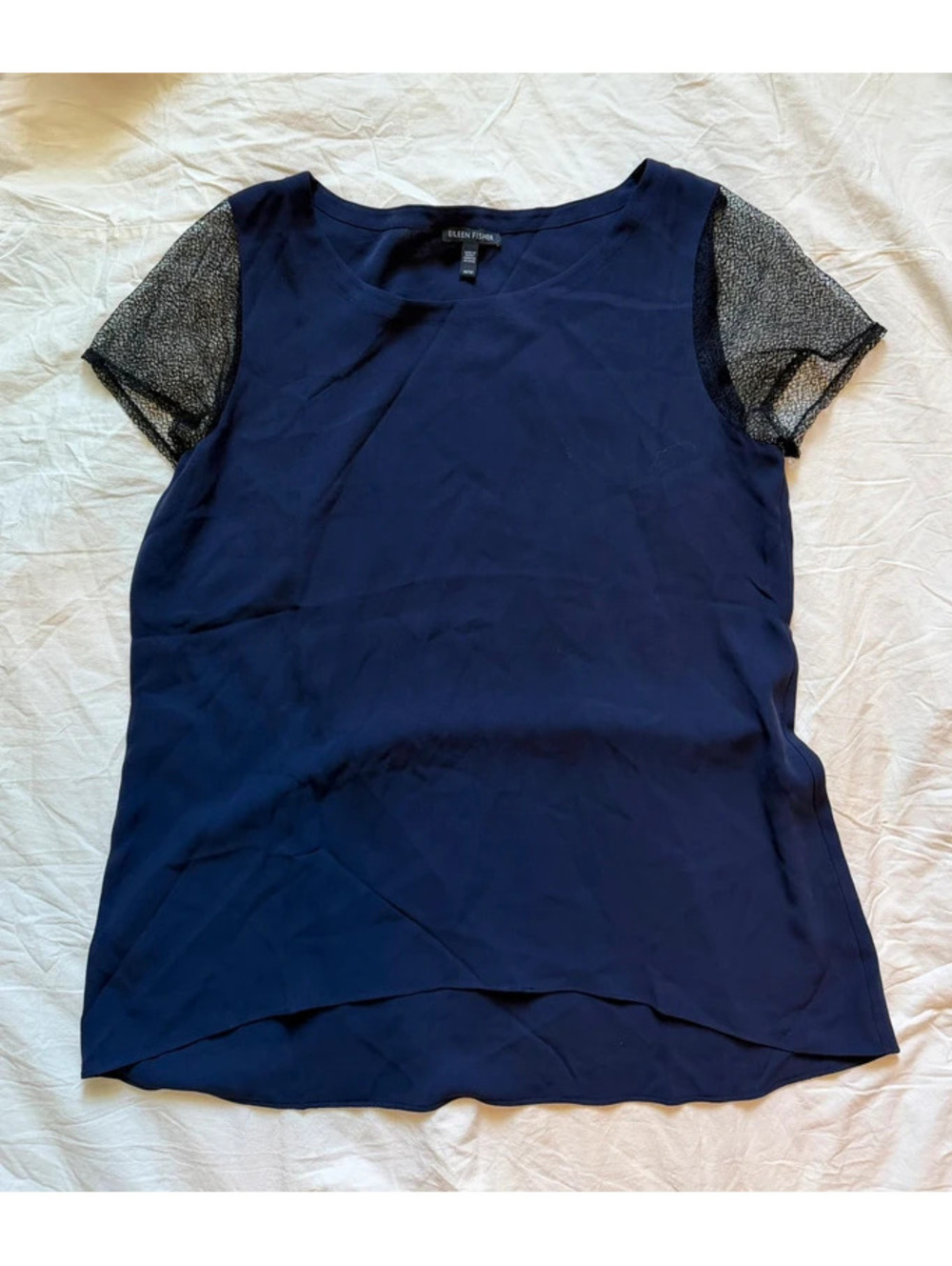 Eileen Fisher Silk Indigo Navy Blouse Lace Cap Sleeves Medium